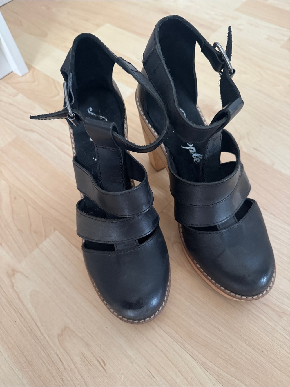 Free People Black Strappy Wooden Block Heel Sandals